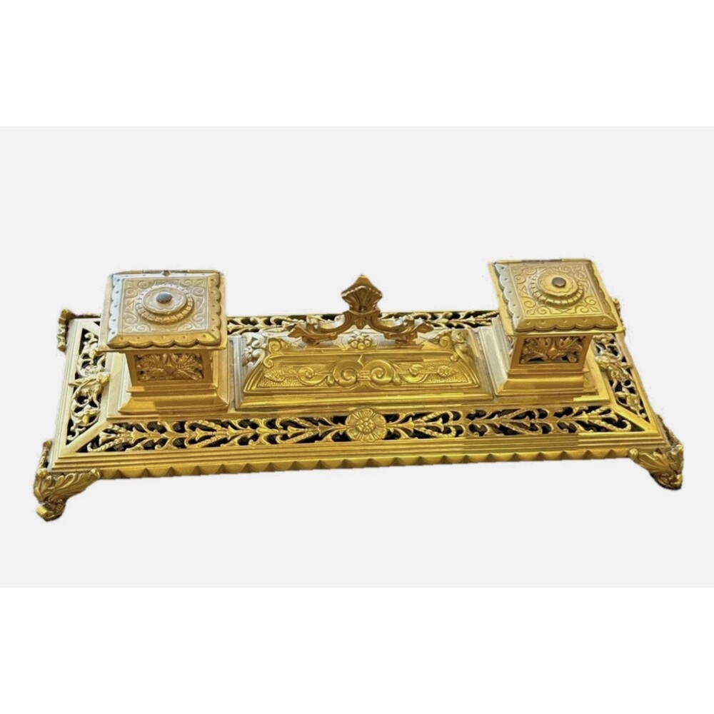 1890 Antique Gilt Bronze Double Inkwell Extraordinary Engraved Heavy Solid 14" x